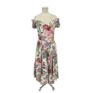 Vintage Moda Int’l Dress Cottagecore Floral Smocked Off Shoulder Size Medium